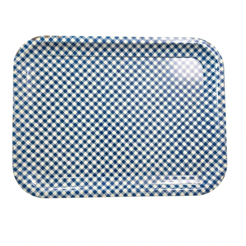 Vintage Blue & White Gingham Check Metal Serving Tray 13.75